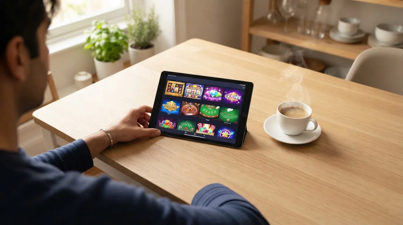 Een persoon bekijkt op een tablet een overzicht van casinospellen aan een keukentafel, met een kop koffie ernaast.