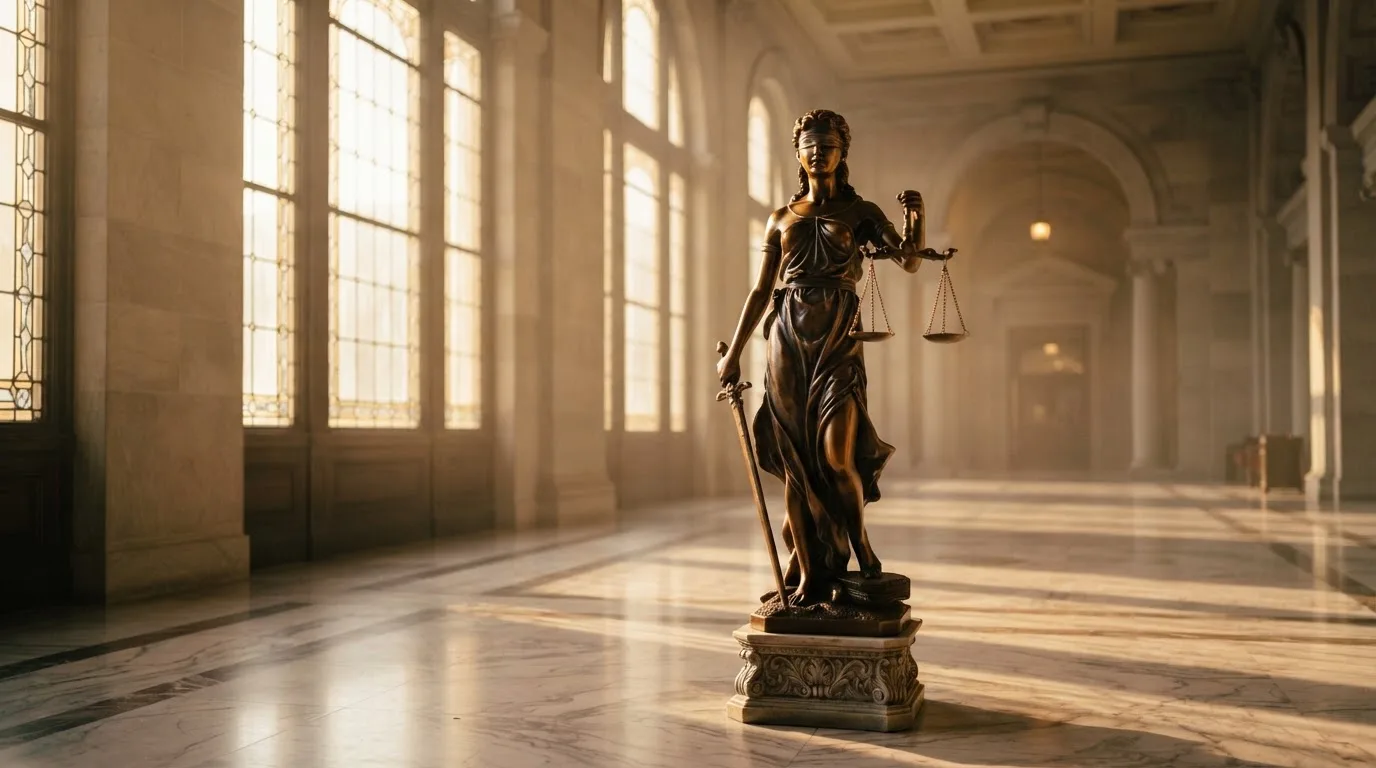 Een bronzen vrouwe Justitia met weegschaal staat voor een grote raampartij in een statig gerechtsgebouw, met zacht ochtendlicht.