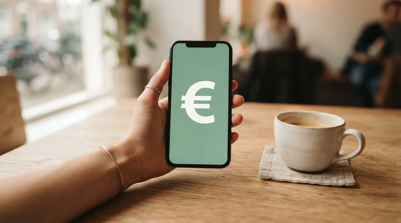 Een hand houdt een smartphone vast boven een houten tafel met een kopje koffie ernaast, in zacht daglicht.
