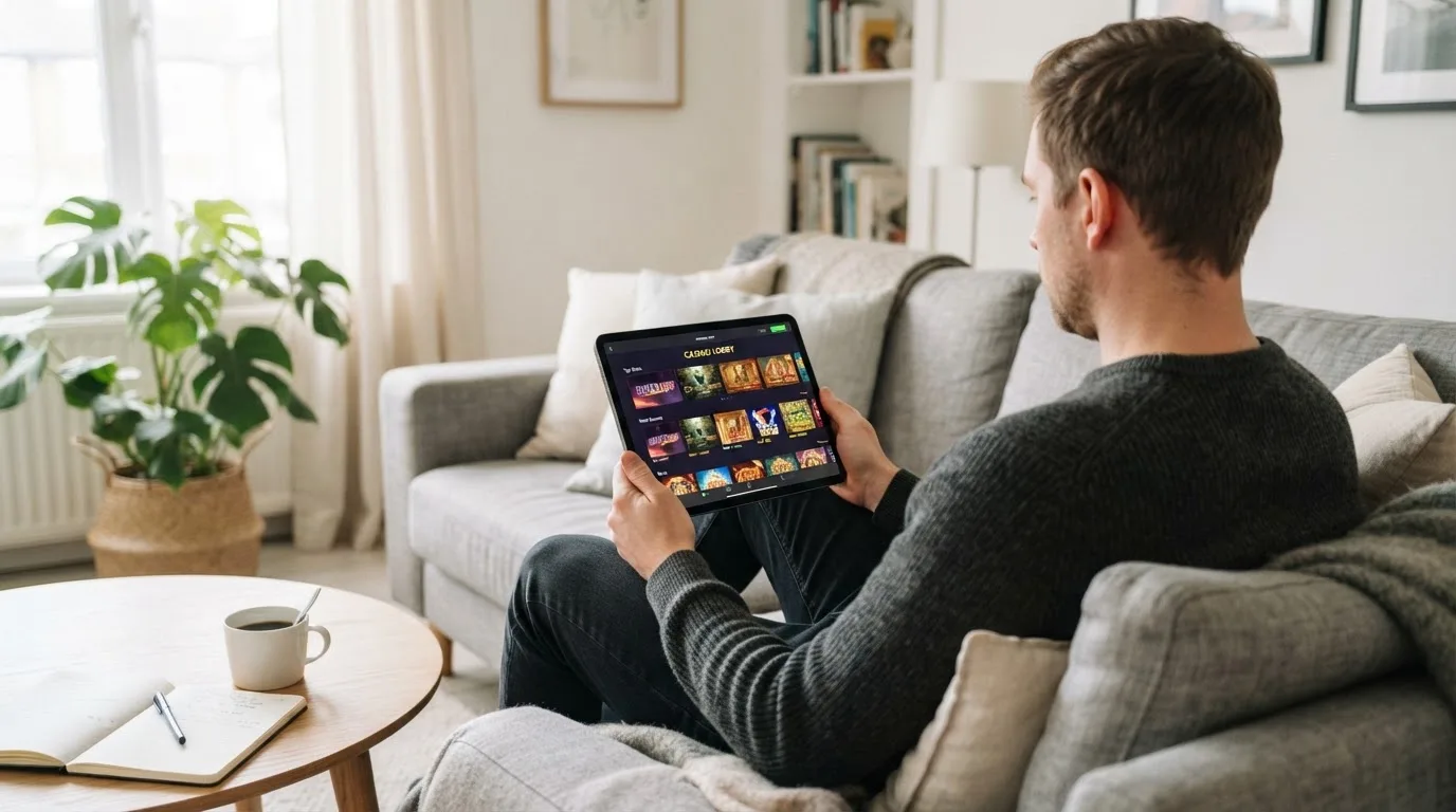 Een man bekijkt ontspannen een tablet op de bank in een lichte woonkamer met een kop koffie op de salontafel.