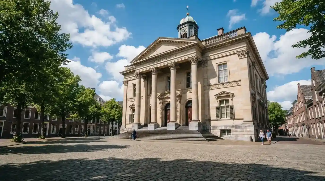 Een klassiek gerechtsgebouw met hoge zuilen staat onder een blauwe lucht in een Nederlandse binnenstad.