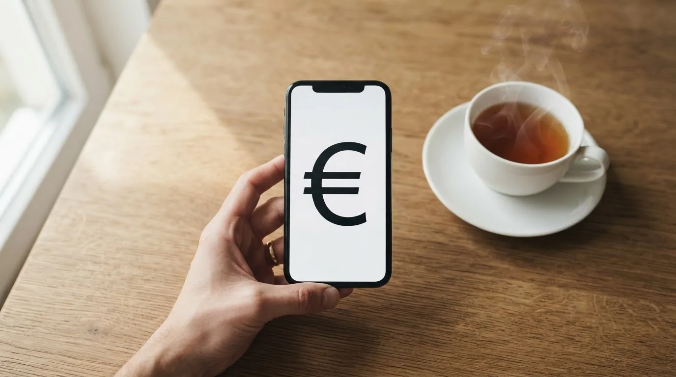 Een hand houdt een smartphone vast boven een houten tafel met een kopje thee ernaast, in zacht daglicht.