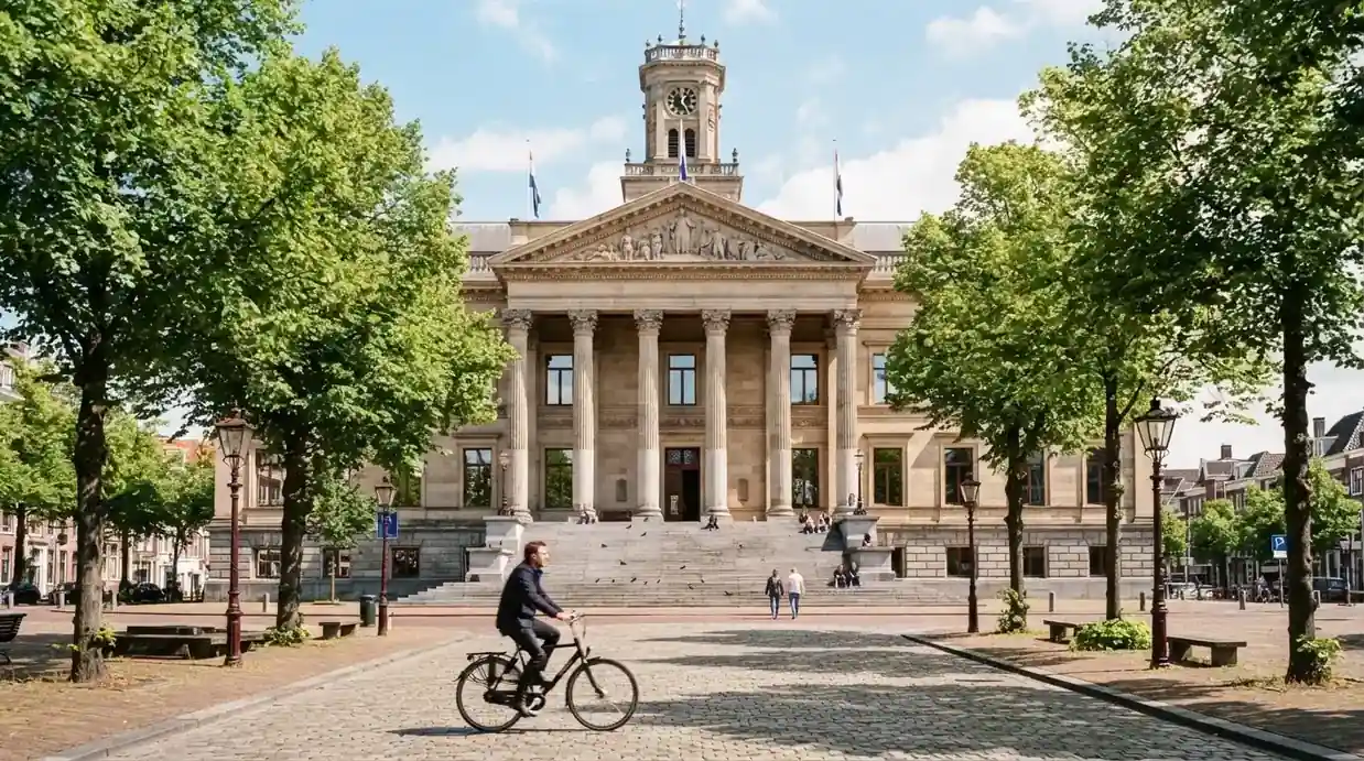 Een statig gerechtsgebouw met brede trappen en zuilen staat onder een heldere hemel in een Nederlandse stad.