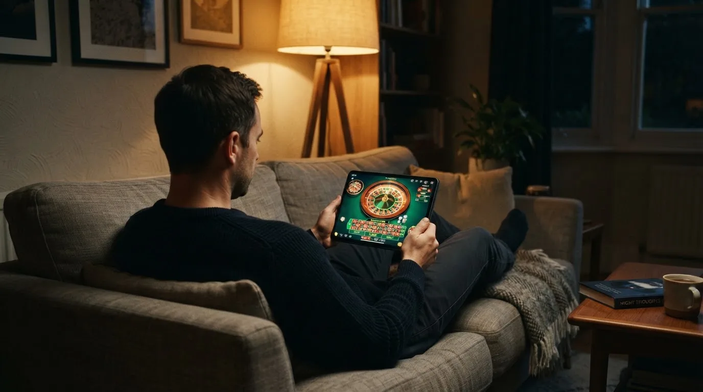 Een man bekijkt laat op de avond een tablet op de bank, verlicht door een staande lamp in een rustige woonkamer.