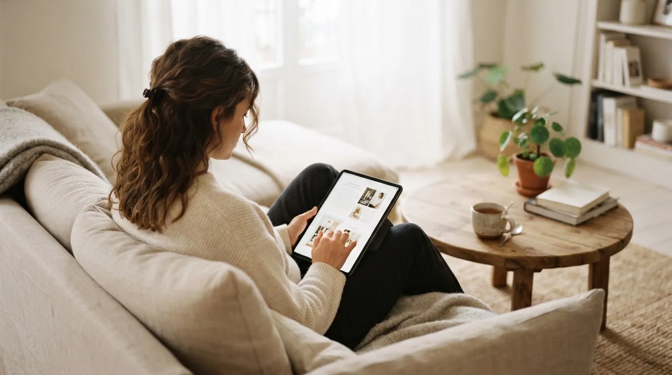 Een vrouw bekijkt ontspannen een tablet op de bank in een lichte woonkamer met een kop thee op de salontafel.