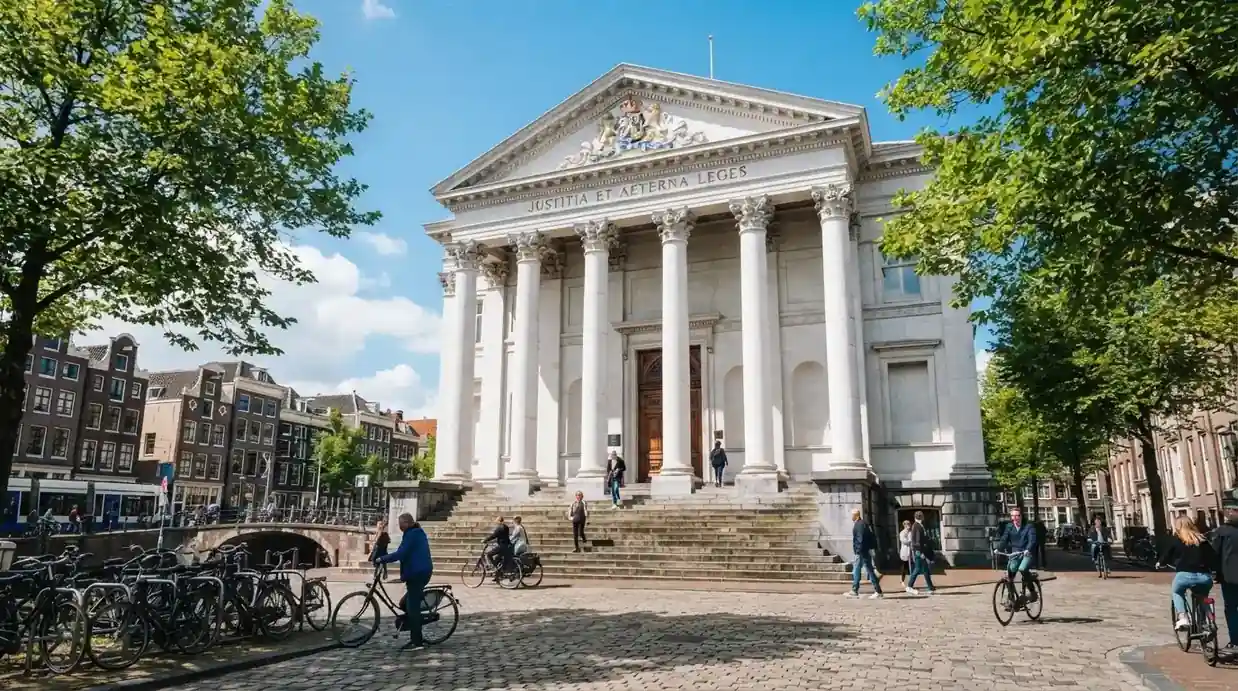 Een klassiek gerechtsgebouw met hoge zuilen staat onder een blauwe lucht in een Nederlandse binnenstad.