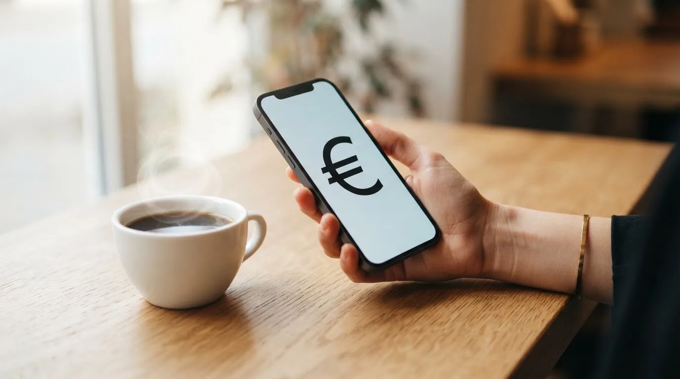 Een hand houdt een smartphone vast boven een houten tafel met een kopje koffie ernaast, in zacht daglicht.