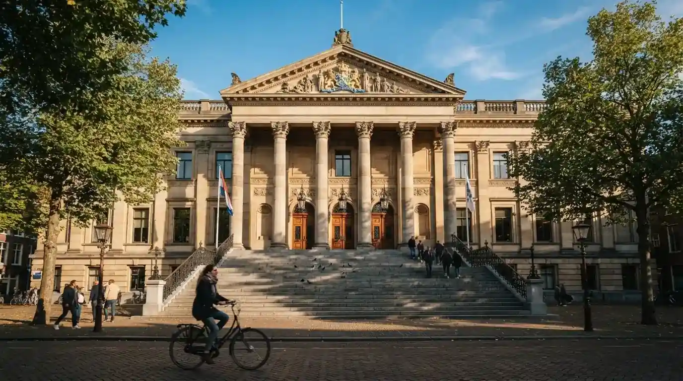 Een statig gerechtsgebouw met brede trappen en zuilen staat onder een heldere hemel in een Nederlandse stad.