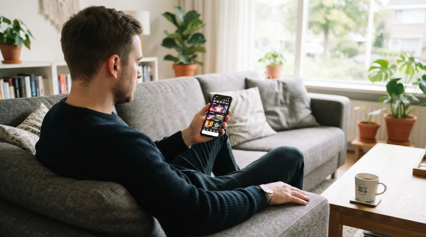 Een man bekijkt ontspannen zijn telefoon op de bank in een lichte woonkamer met een kop koffie op de salontafel.
