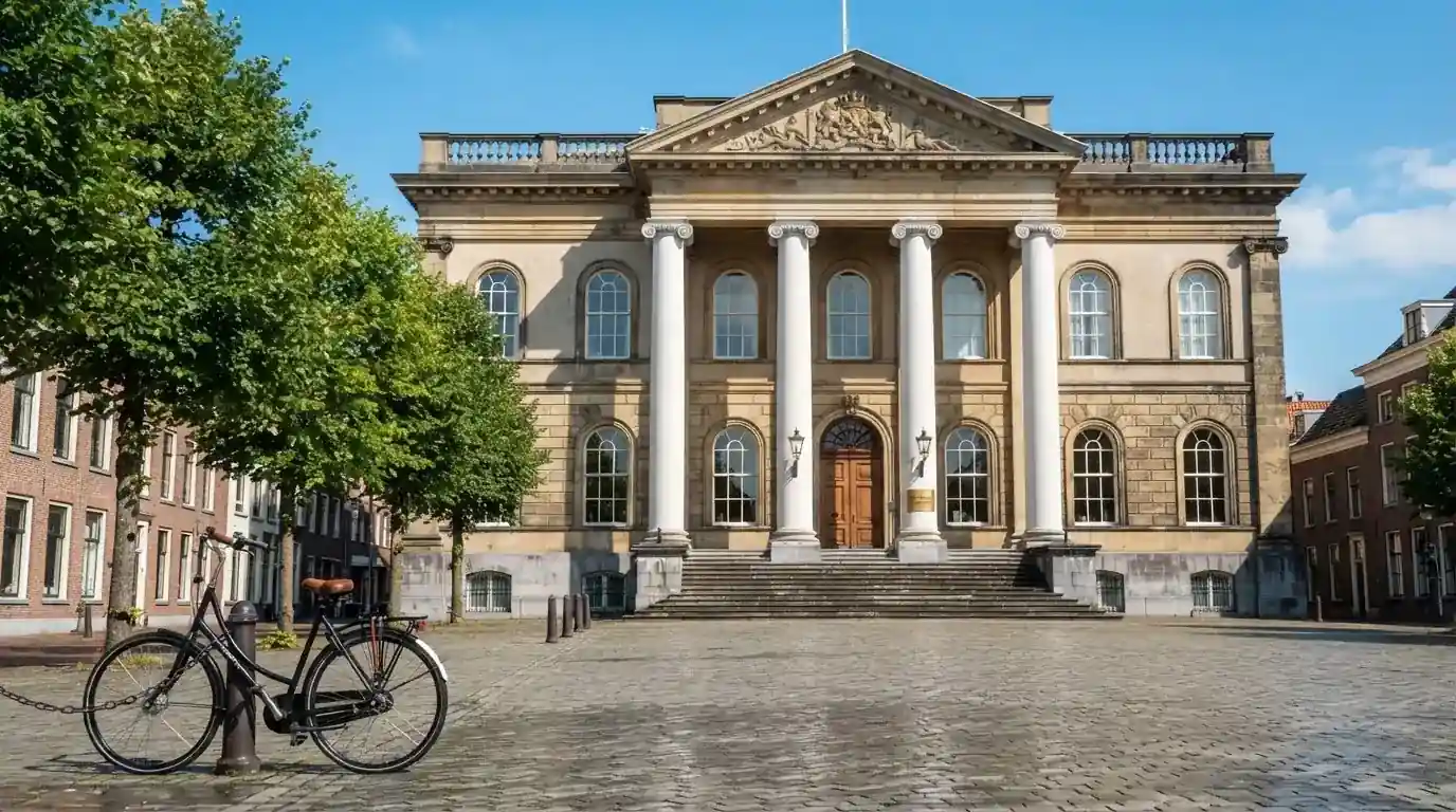 Een klassiek gerechtsgebouw met zuilen staat onder een blauwe lucht in een rustige Nederlandse stad.