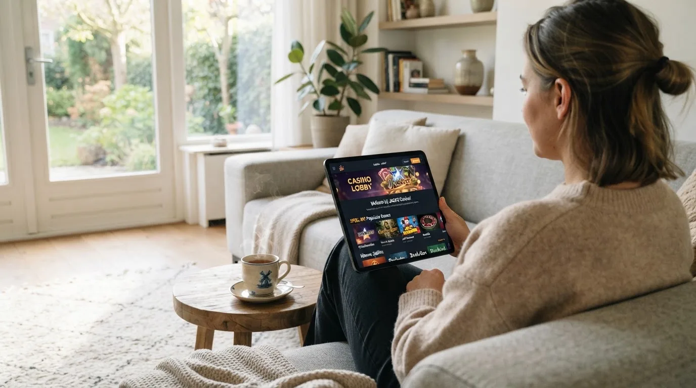 Een vrouw bekijkt ontspannen een tablet op de bank in een lichte woonkamer met een kop thee op de salontafel.