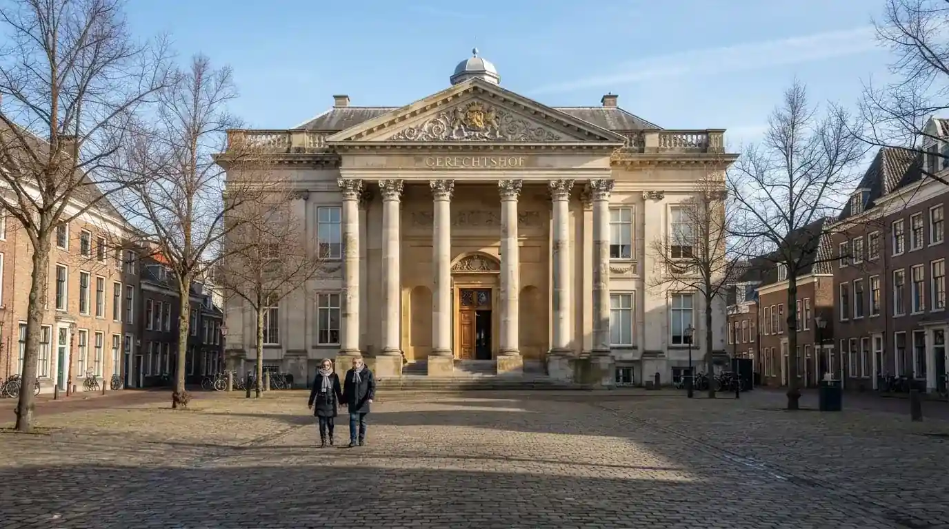 Een klassiek gerechtsgebouw met hoge zuilen staat onder een heldere hemel in een Nederlandse stad.