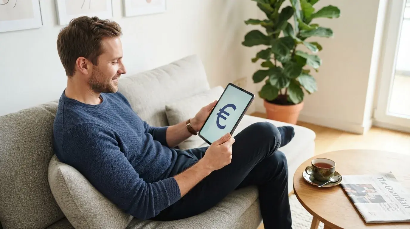 Een man bekijkt ontspannen een tablet op de bank in een lichte woonkamer met een kop thee op de salontafel.