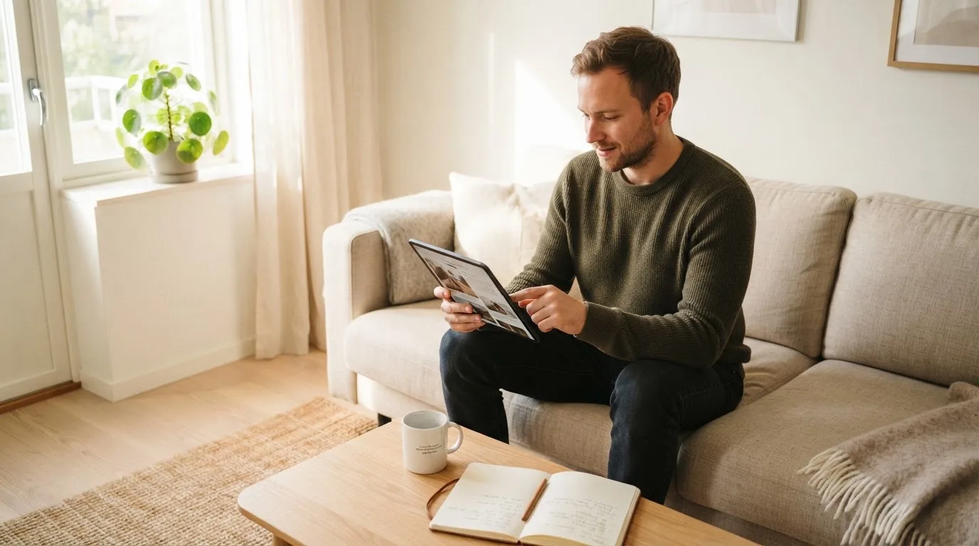 Een man bekijkt ontspannen een tablet op de bank in een lichte woonkamer met een kop koffie op de salontafel.