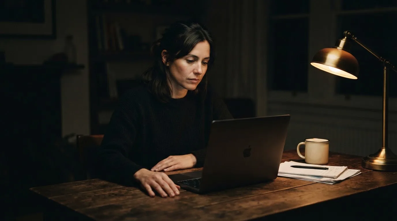 Een persoon zit alleen aan een bureau en kijkt peinzend naar een laptop met het scherm uit, in gedimd licht.