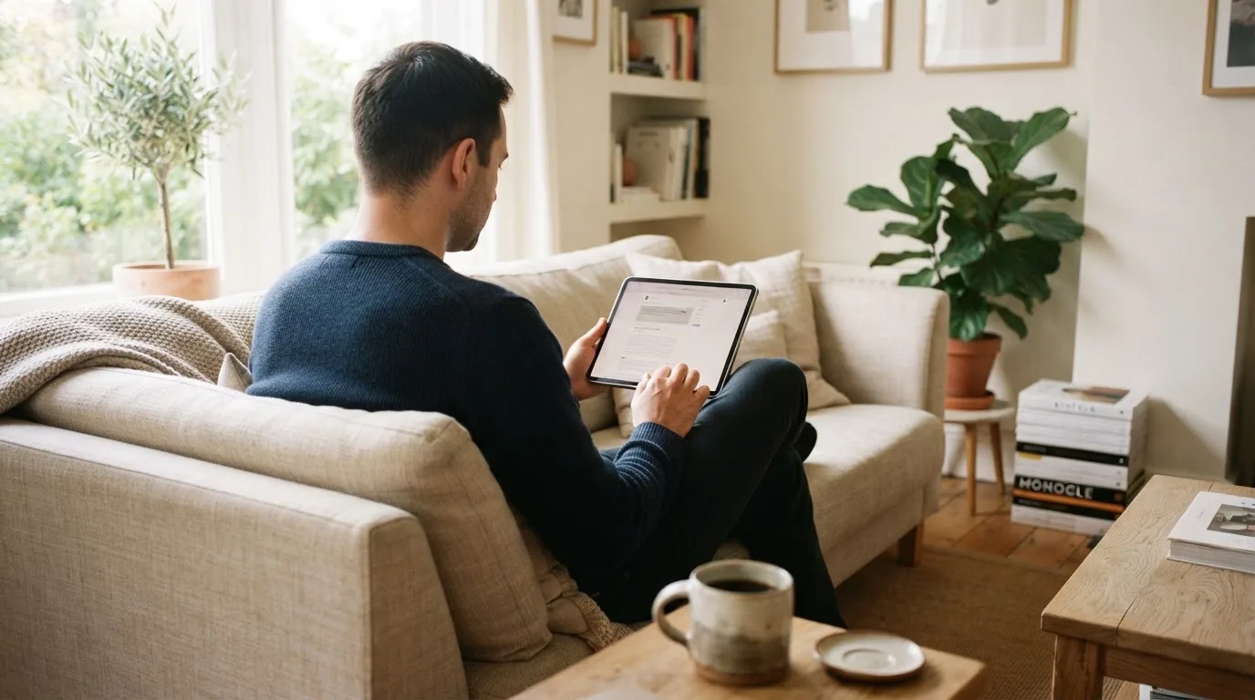 Een man bekijkt ontspannen een tablet op de bank in een lichte woonkamer met een kop koffie op de salontafel.