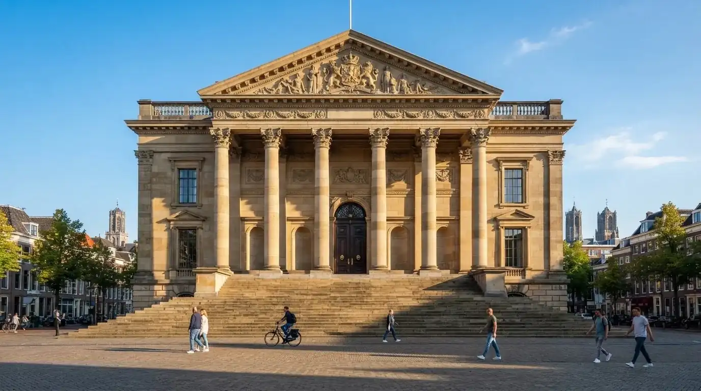 Een klassiek gerechtsgebouw met hoge zuilen staat onder een heldere hemel in een Nederlandse stad.