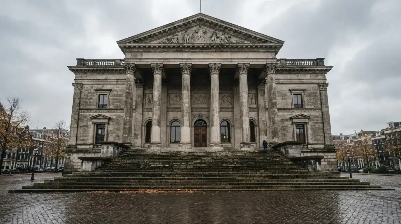 Een klassiek gerechtsgebouw met brede trappen staat onder een bewolkte hemel in een Nederlandse stad.