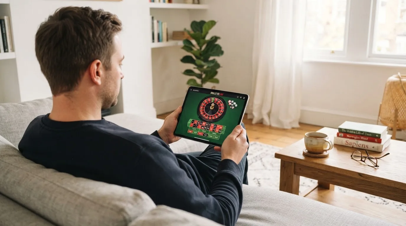 Een man bekijkt ontspannen een tablet op de bank in een lichte woonkamer met een kop thee op de salontafel.