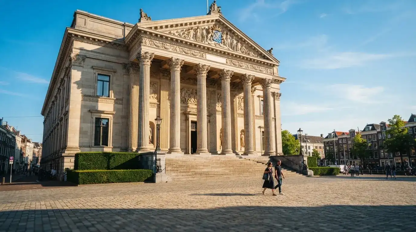 Een klassiek gerechtsgebouw met hoge zuilen staat onder een heldere hemel in een Nederlandse stad.