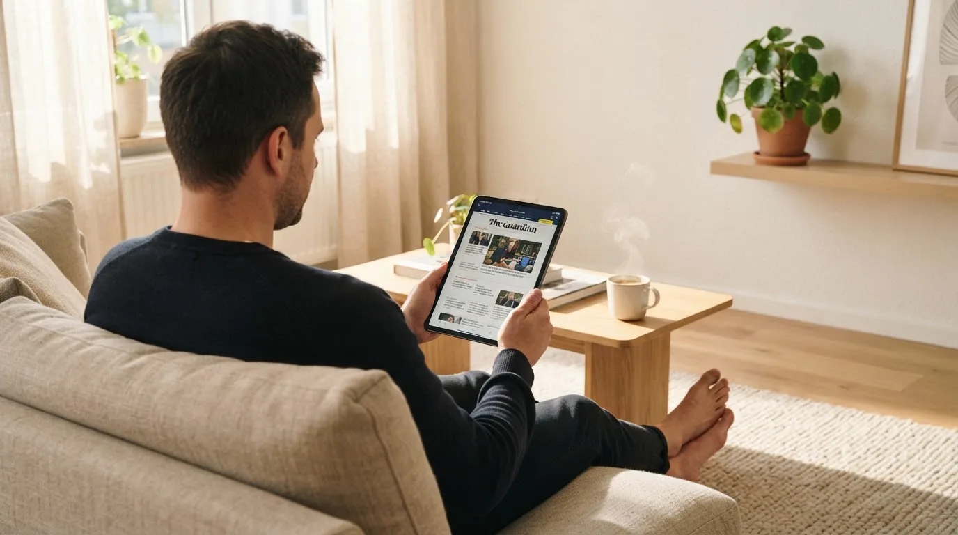 Een man bekijkt ontspannen een tablet op de bank in een lichte woonkamer met een kop koffie op de salontafel.