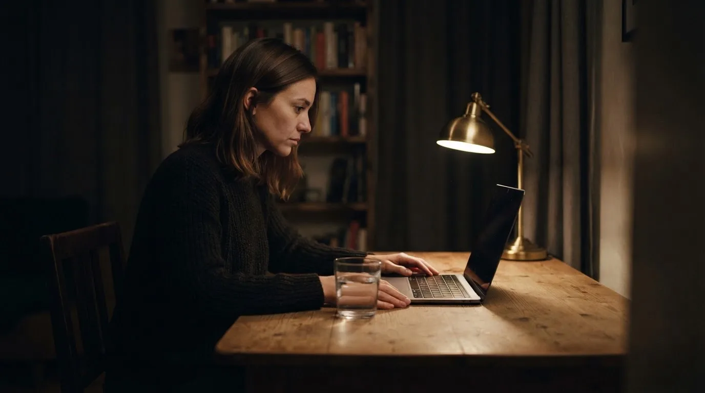 Een persoon zit alleen aan een bureau en kijkt peinzend naar een laptop met het scherm uit, in gedimd licht.
