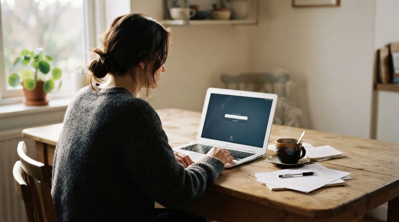 Een persoon zit alleen aan een keukentafel en kijkt peinzend naar een laptop, met een kop koffie ernaast in het vroege ochtendlicht.