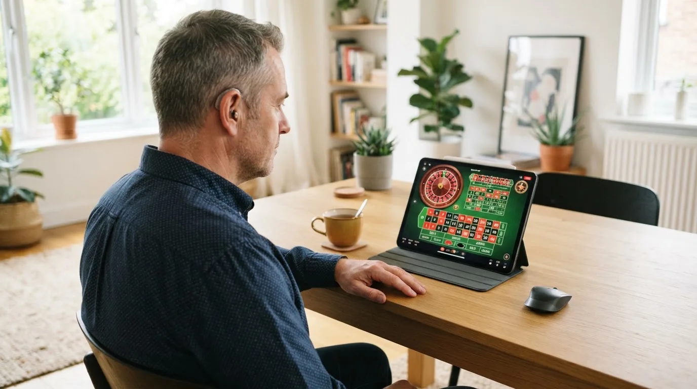 Een man zit aan een bureau in een lichte woonkamer en kijkt naar het scherm van een tablet die naast een kop thee ligt.