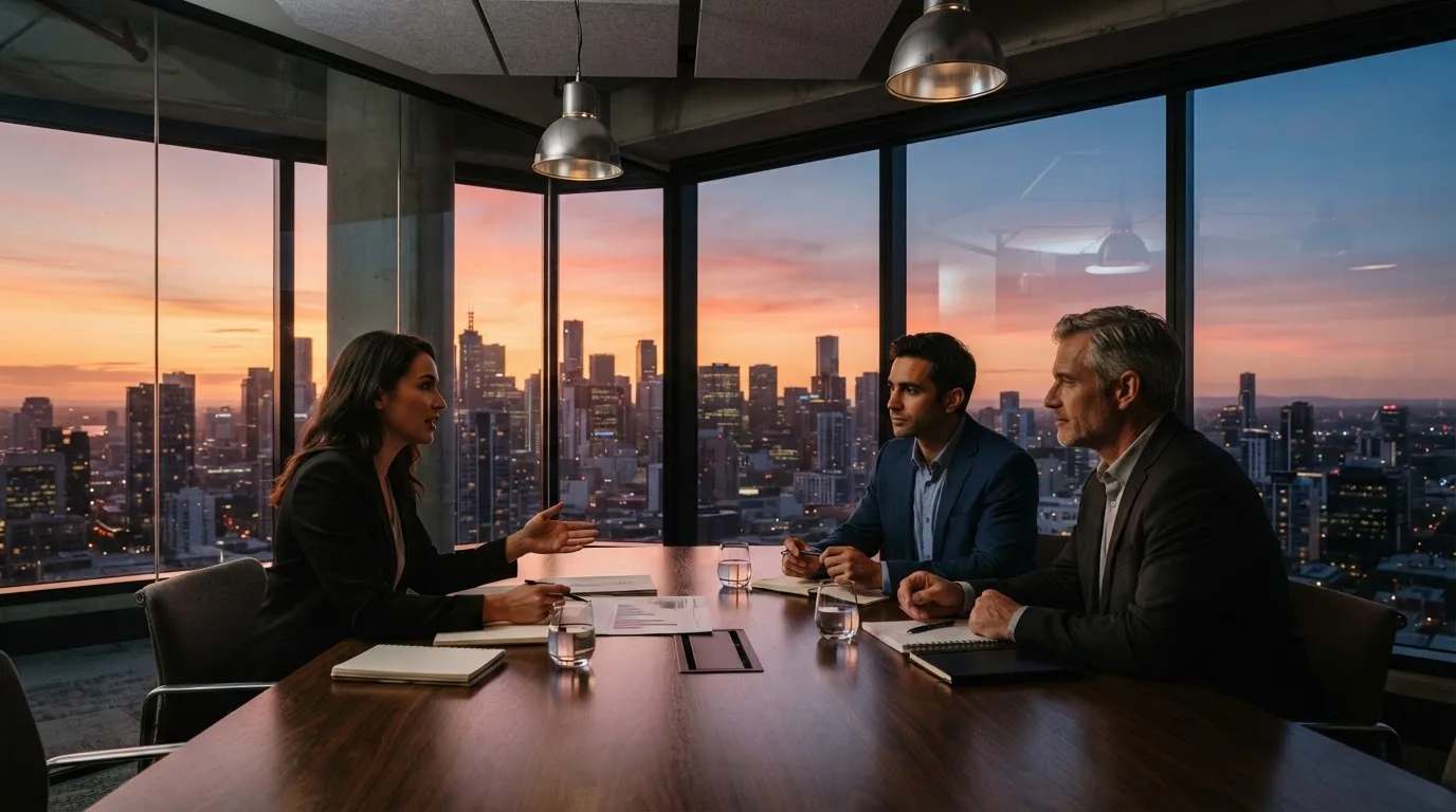 Een klein team overlegt rond een tafel in een glazen vergaderruimte met uitzicht op een stedelijke skyline bij zonsondergang.