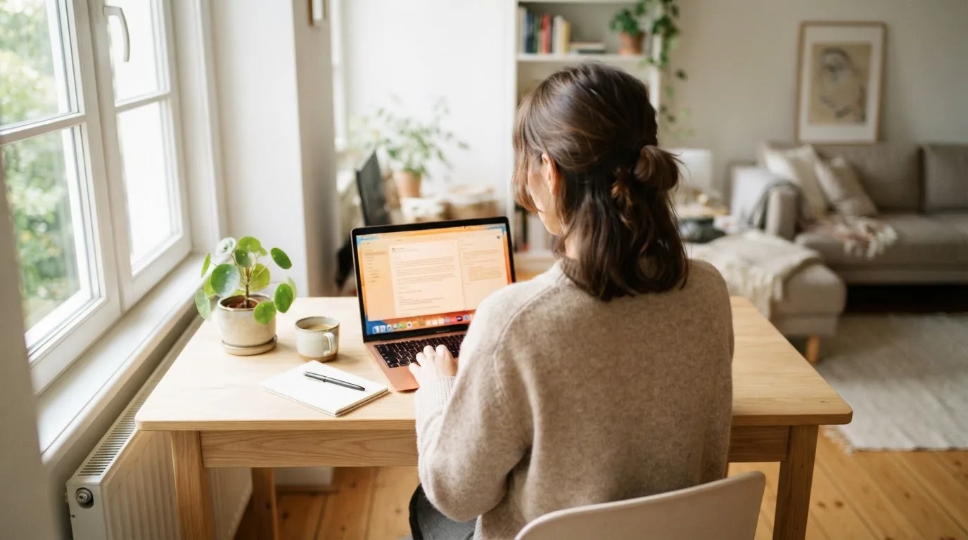 Een vrouw zit aan een houten bureau en bekijkt rustig het scherm van een laptop in een lichte woonkamer.