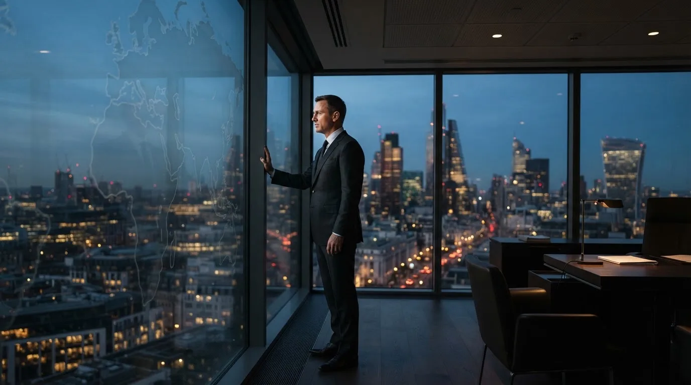 Een jurist in kostuum staat voor een grote glazen wand met een wereldkaart in een modern kantoor tijdens de avondschemering.