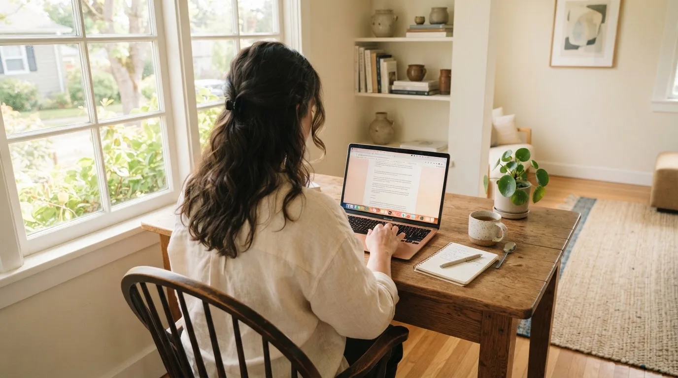 Een vrouw zit aan een houten bureau en bekijkt rustig het scherm van een laptop in een lichte woonkamer.