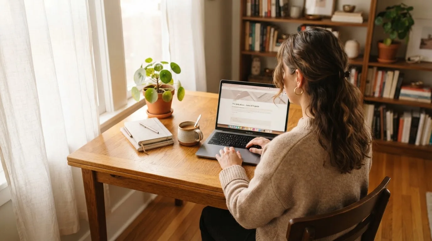 Een vrouw zit aan een houten bureau en bekijkt rustig het scherm van een laptop in een lichte woonkamer.