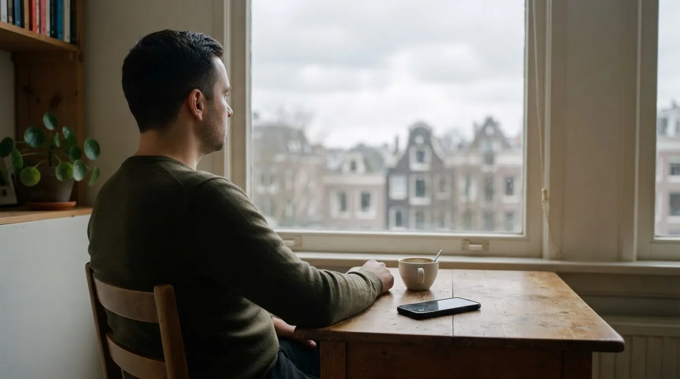 Een man legt zijn telefoon rustig weg en kijkt uit het raam met een kop koffie op tafel.