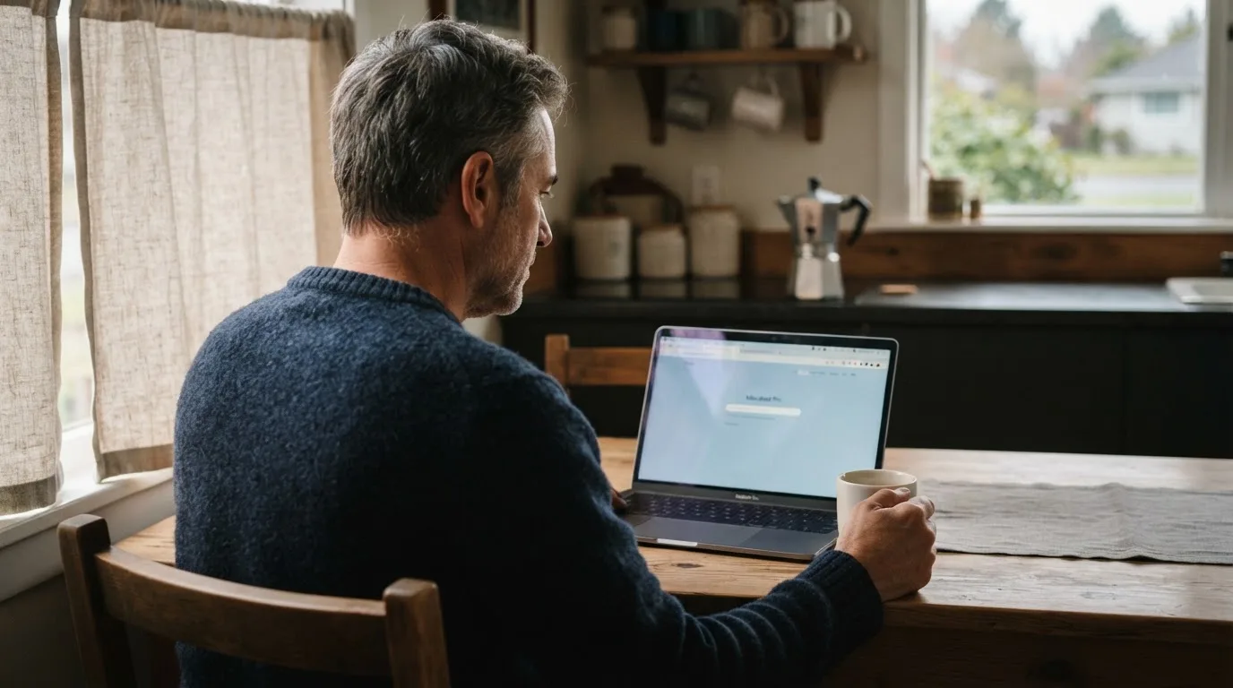 Een man zit thuis aan tafel met een kop koffie en bekijkt rustig zijn laptop.