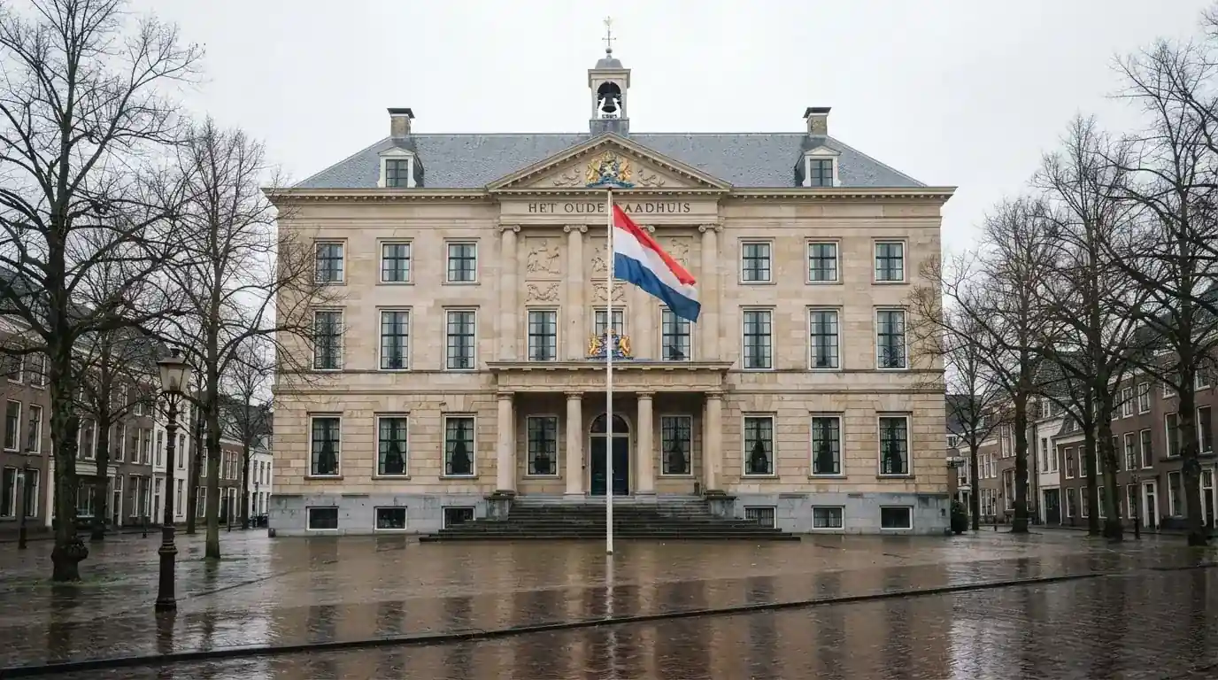 Een statig kantoorgebouw met een Nederlandse vlag ervoor onder een bewolkte hemel.