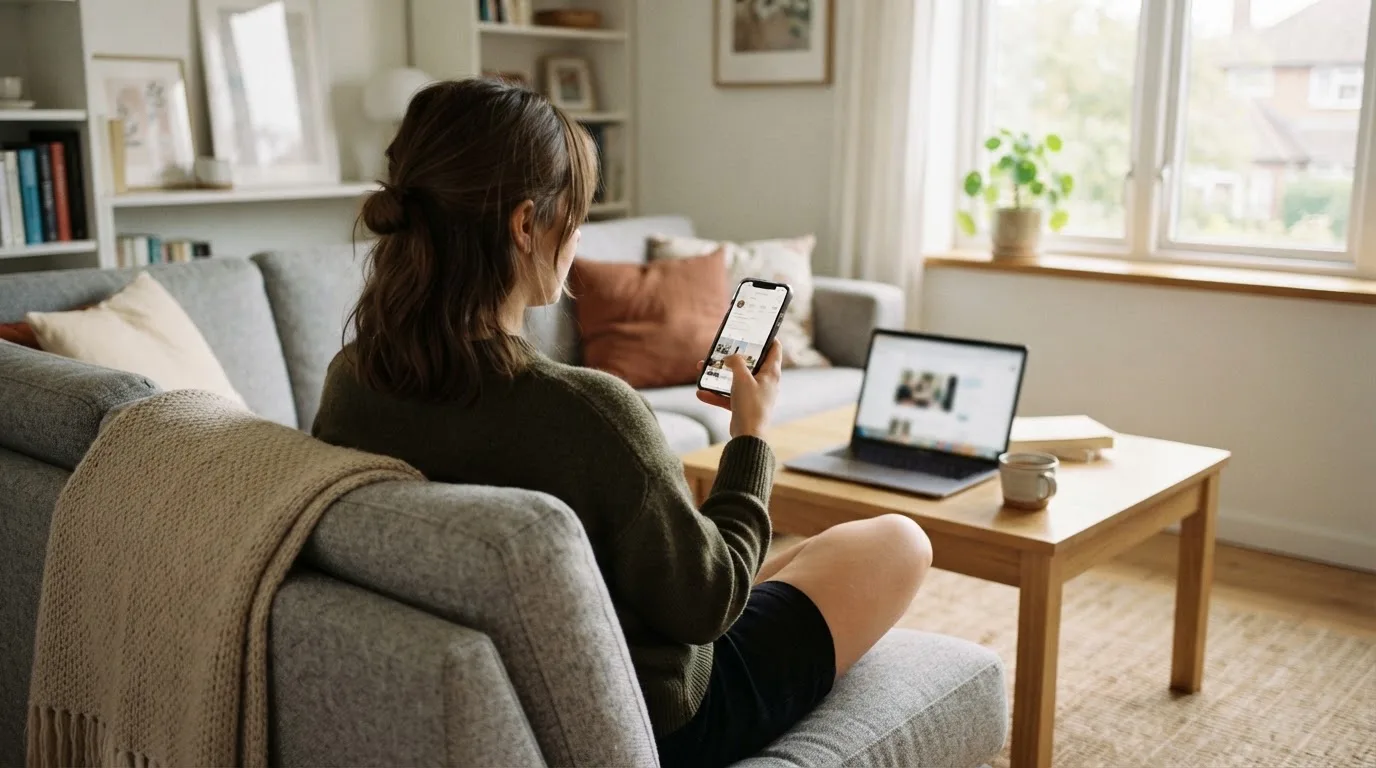 Een jonge vrouw zit ontspannen op de bank met een smartphone in haar hand, terwijl een laptop met onscherp scherm op de salontafel staat.
