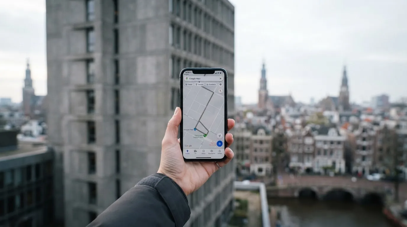 Een close-up van een hand die een smartphone vasthoudt buiten voor een grijs kantoorgebouw, met een wazige skyline van een Nederlandse stad op de achtergrond.