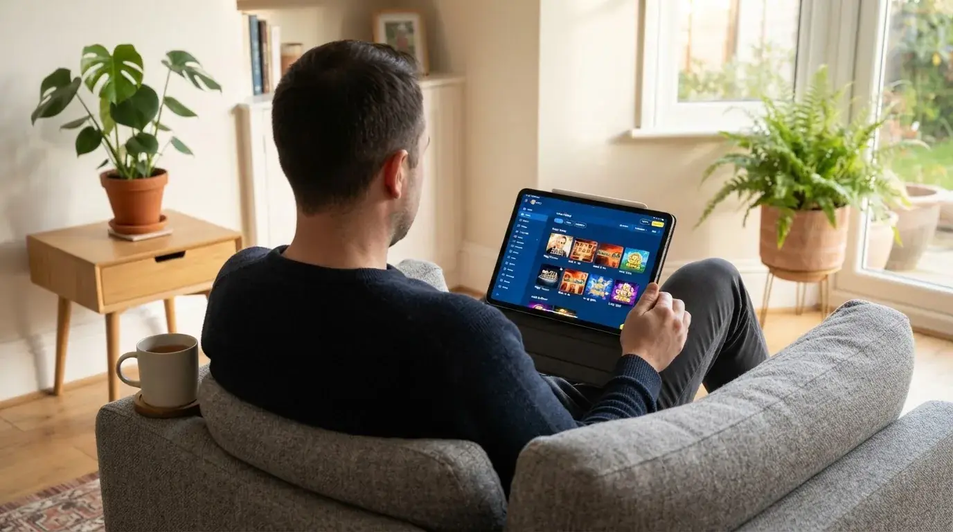 Een man leunt achterover op een stoel met een tablet op schoot, in een lichte woonkamer met planten op de achtergrond.