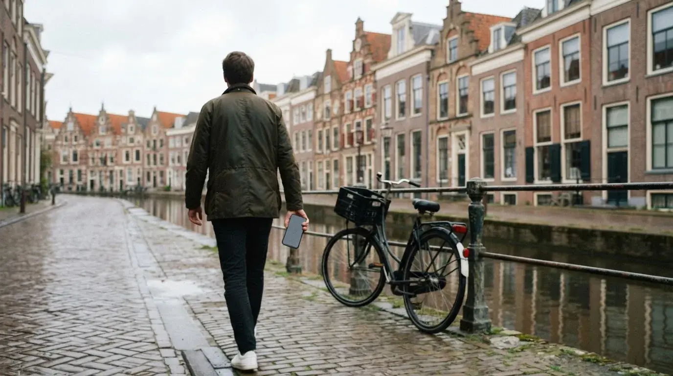 Een persoon loopt met een telefoon in de hand langs een grachtenpand in een Nederlandse stad, met wazige gevels op de achtergrond.