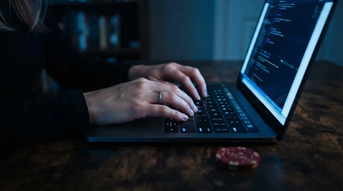 Close-up van handen die typen op een laptoptoetsenbord in een schemerig verlichte kamer met een zachte blauwe gloed op de achtergrond.