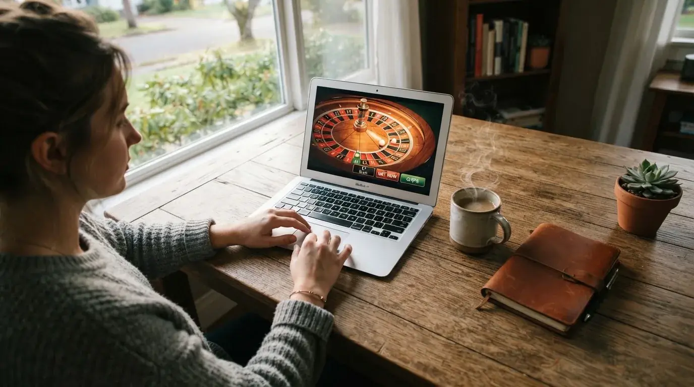 Persoon ontspant aan een houten bureau met een kopje koffie en een laptop, terwijl zacht ochtendlicht door het raam valt.