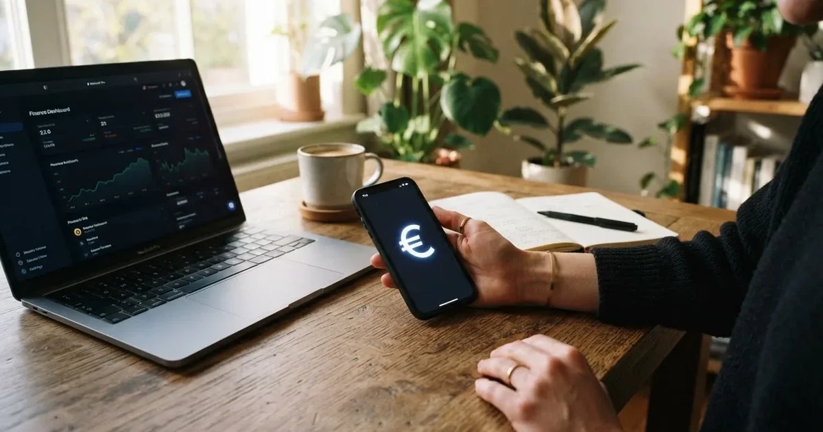 Close-up van een hand die een smartphone vasthoudt met een wazig verlichte betaalinterface, naast een geopende laptop in een rustige huiselijke werkruimte.