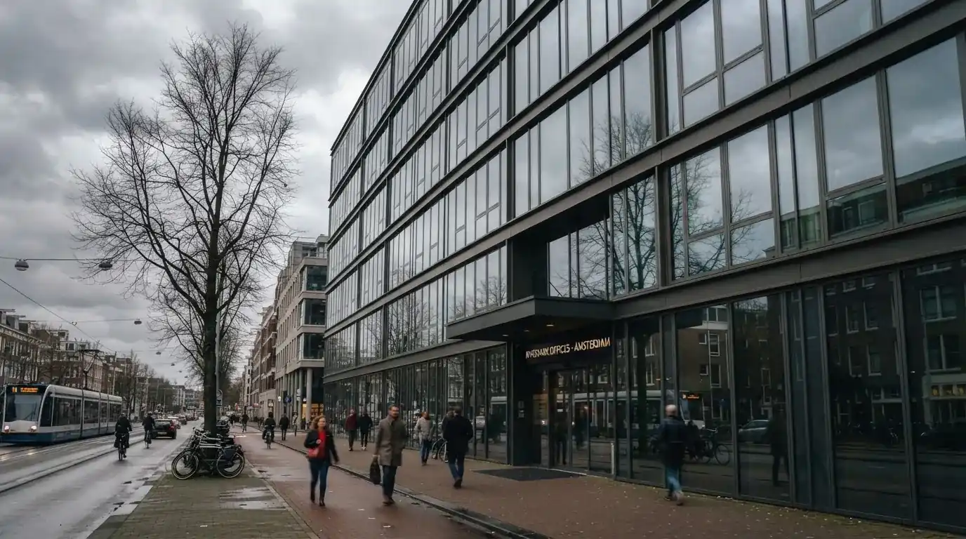 Modern kantoorgebouw met een glazen gevel onder een bewolkte Nederlandse lucht, met voorbijgangers op straatniveau.