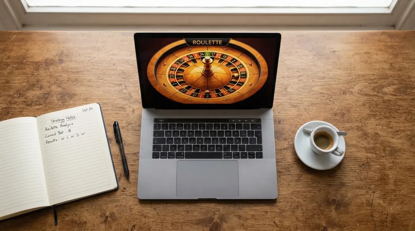 Bovenaanzicht van een bureau met een laptop, notitieblok en kopje koffie, overzichtelijk gerangschikt in zacht daglicht.