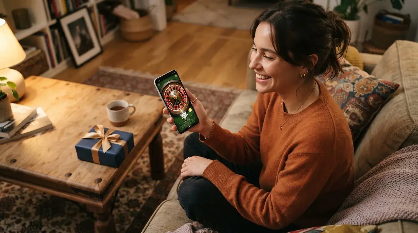 Vrolijke persoon zit op een bank met een smartphone in de hand en een klein cadeaudoosje ernaast op de salontafel.