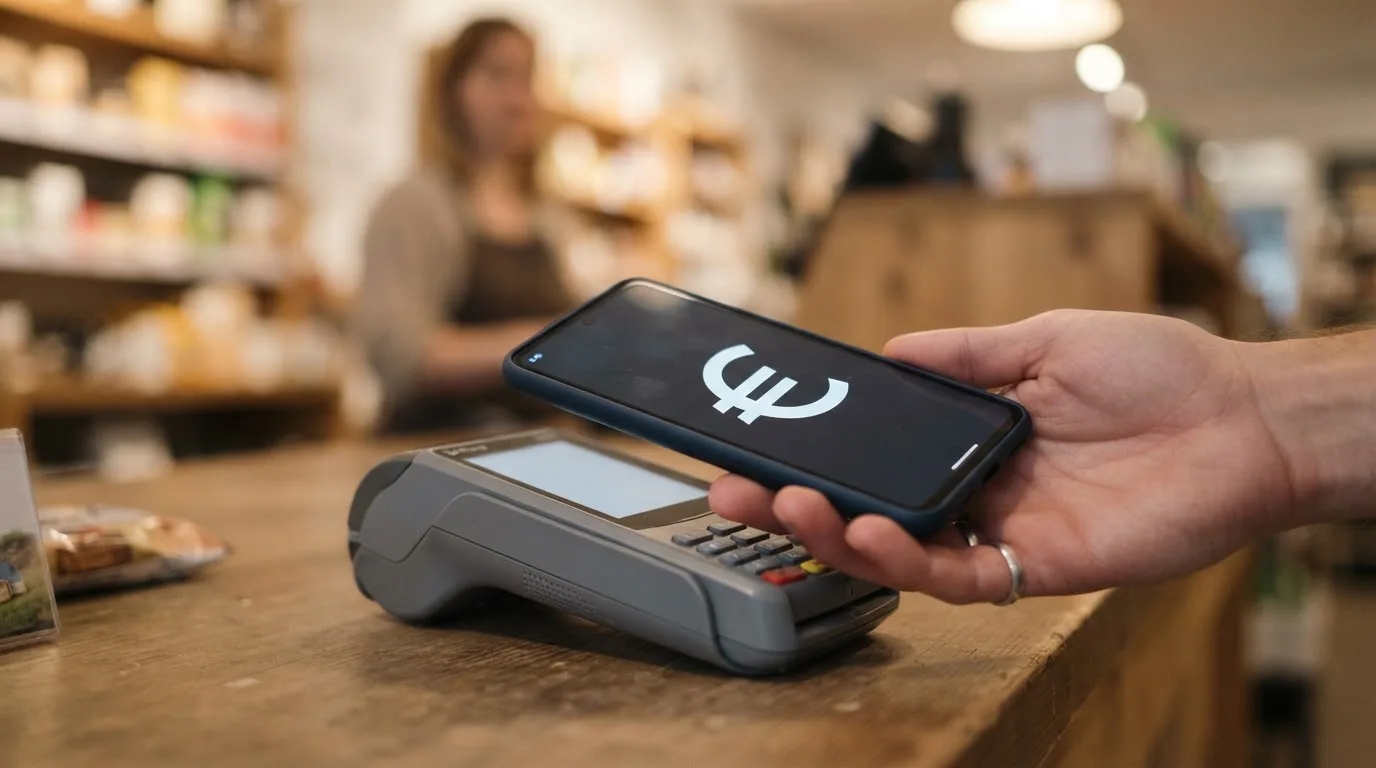 Twee handen wisselen contactloos een betaalpas uit boven een wazig verlichte betaalterminal in een moderne winkelomgeving.