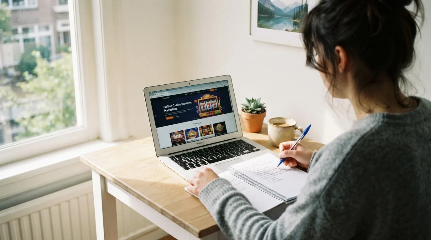 Een persoon zit aan een bureau thuis met een laptop en een notitieblok in daglicht.