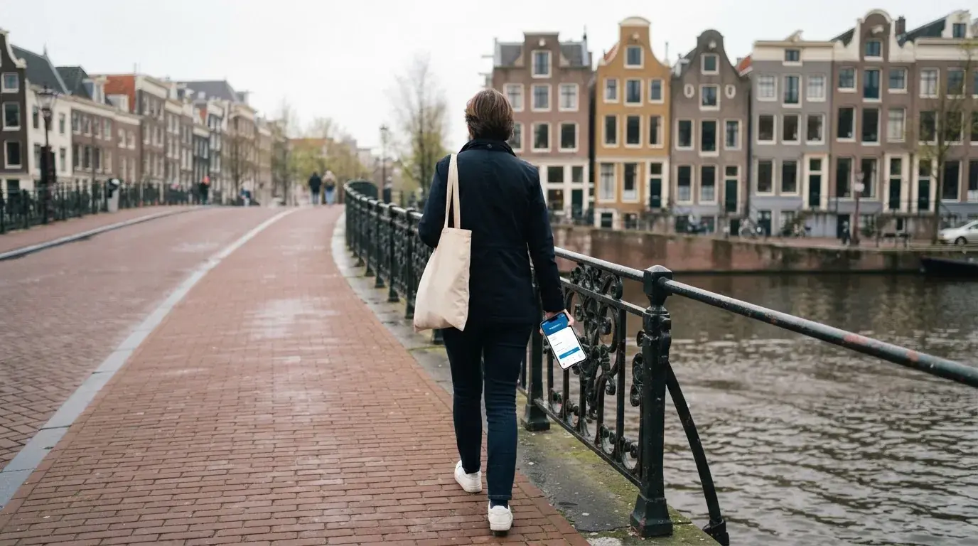 Een volwassene loopt over een brug in een Nederlandse stad met een telefoon in de hand.