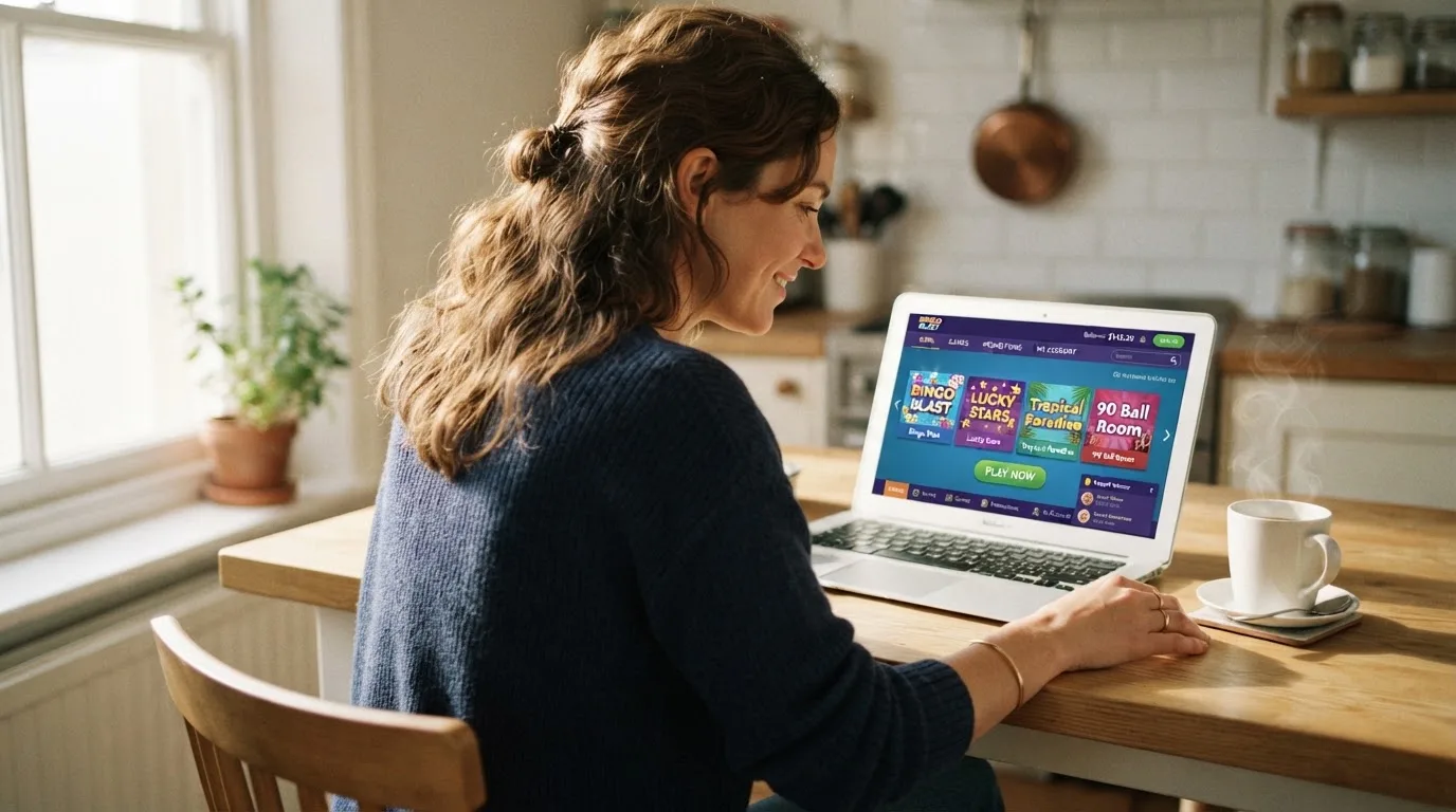 Een vrouw bekijkt rustig op haar laptop de opties voor online spelen aan de keukentafel, met een kopje koffie ernaast.